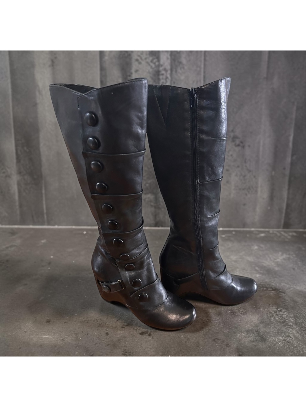 Miz Mooz Siri Black Leather Button Tall Wedge Boots Size 7